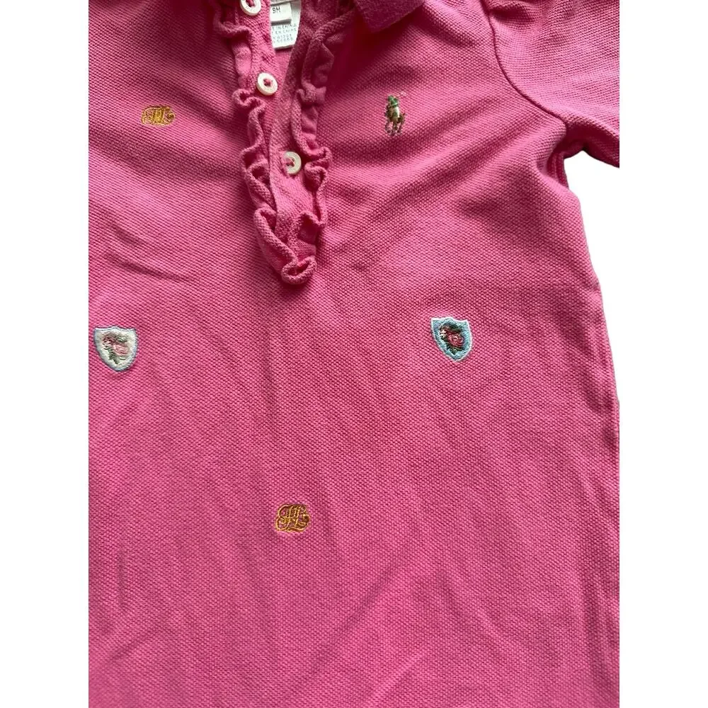 Ralph Lauren Babies 9M Pink and Logo Long Sleeve Button Up Neck One Piece